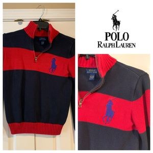 POLO RALPH LAUREN. 1/4 ZIP PLACKET. RED & NAVY